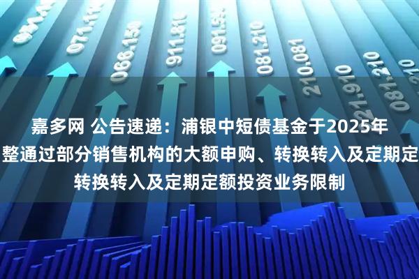 嘉多网 公告速递：浦银中短债基金于2025年劳动节假期前调整通过部分销售机构的大额申购、转换转入及定期定额投资业务限制